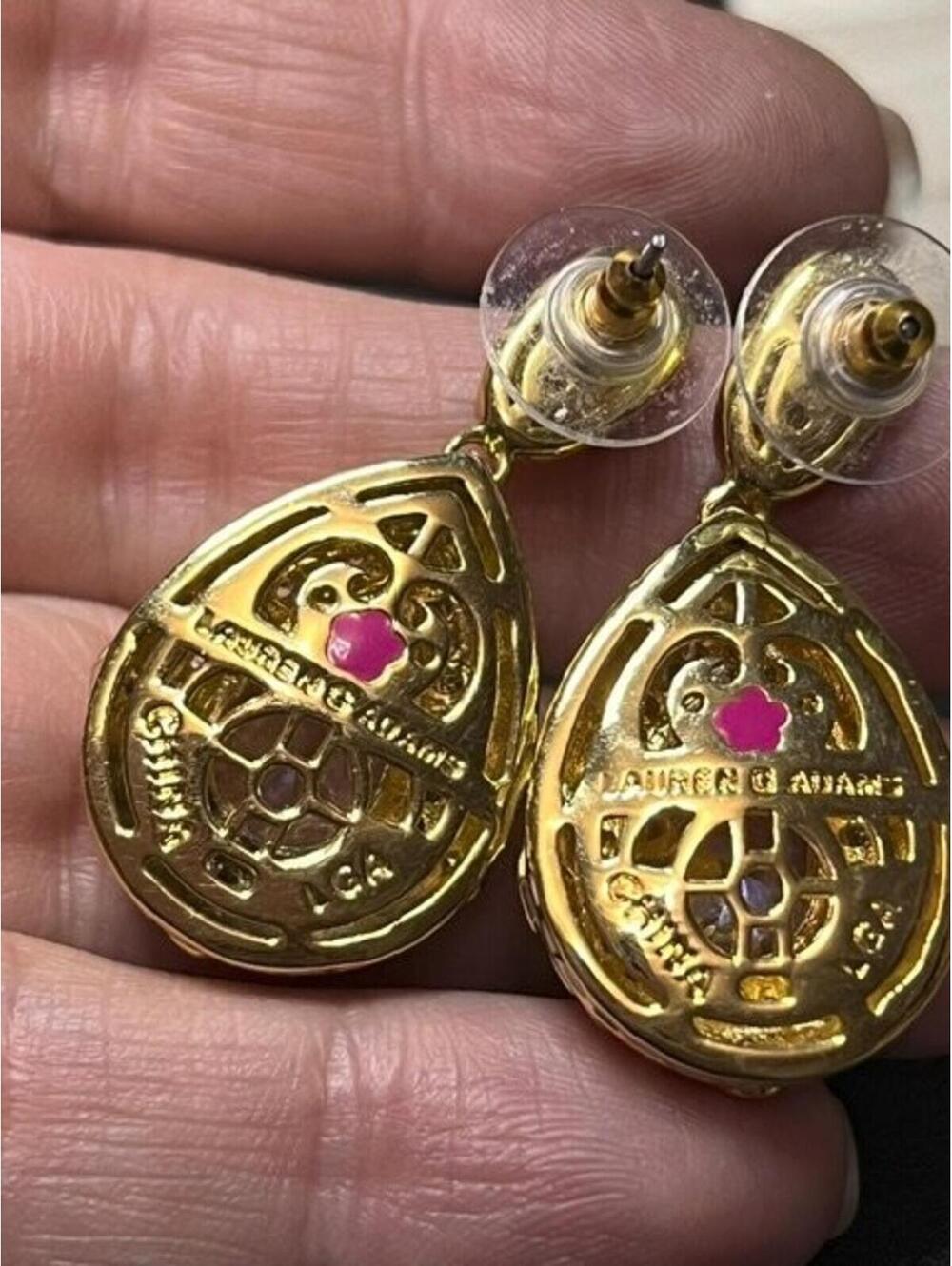B5268 Lauren G Adams Dangle Drop Earrings Gold Tone Black Cream Enamel CZ - Picture 3 of 4